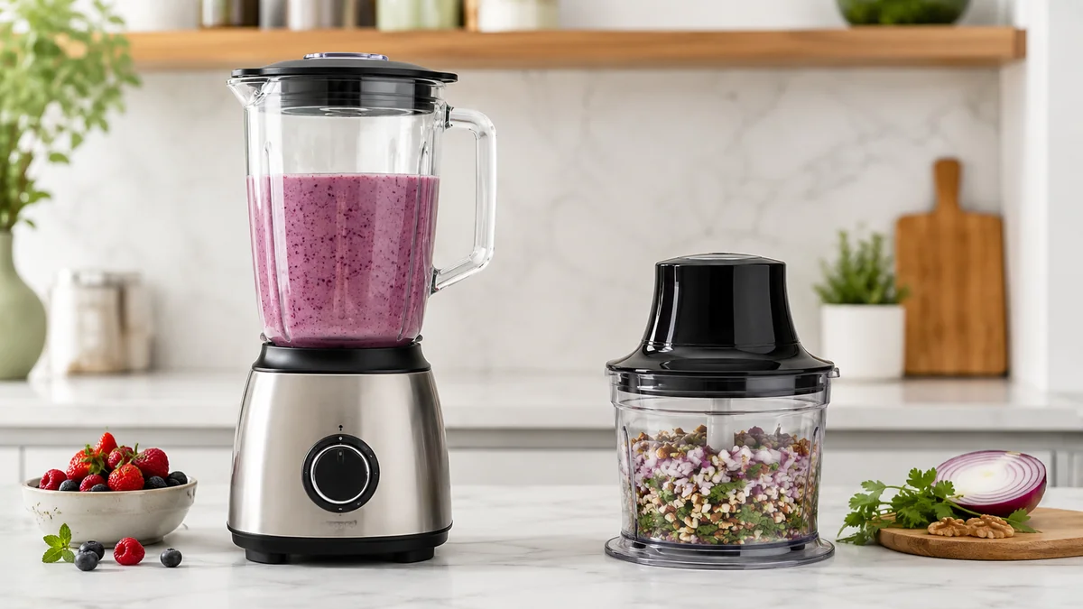 Blender cu smoothie și chopper cu ceapă, verdeață și nuci tocate