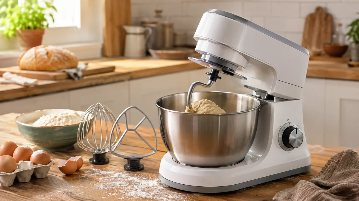Mixer planetar care frământă aluat, cu tel și paletă așezate lângă bol