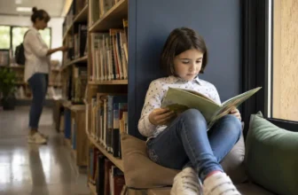 Copil citind singur prima carte într-un colț luminos de bibliotecă