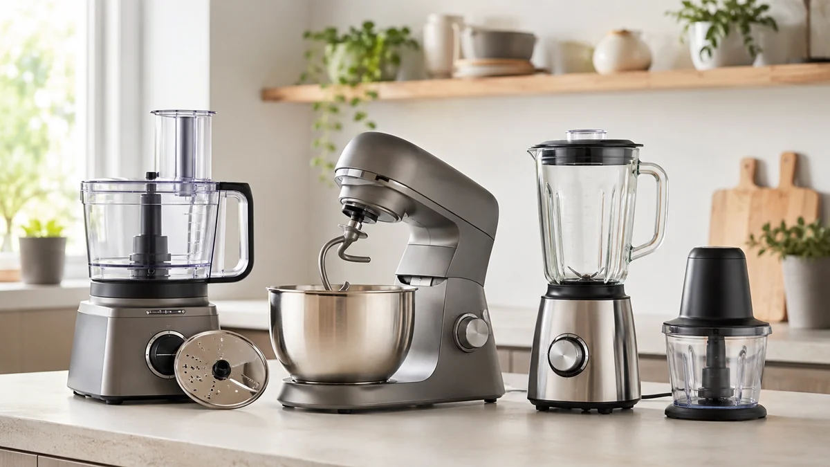 Robot de bucătărie, mixer planetar, blender și chopper comparate pe un blat de bucătărie