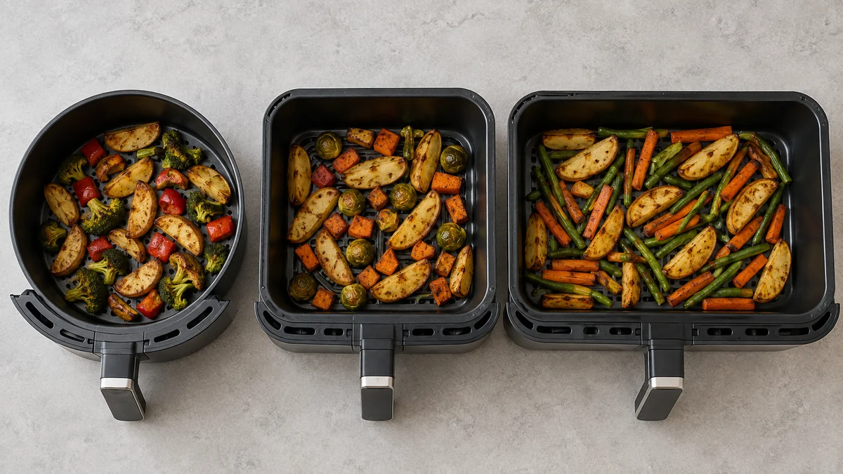 Coșuri de air fryer cu suprafețe diferite pentru compararea capacității utile